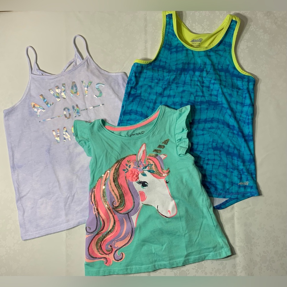 GUC/EUC Bundle of 3 Tops: Tie-Dye & Racerback Tanks, & Unicorn Cap-Sleeve Tee